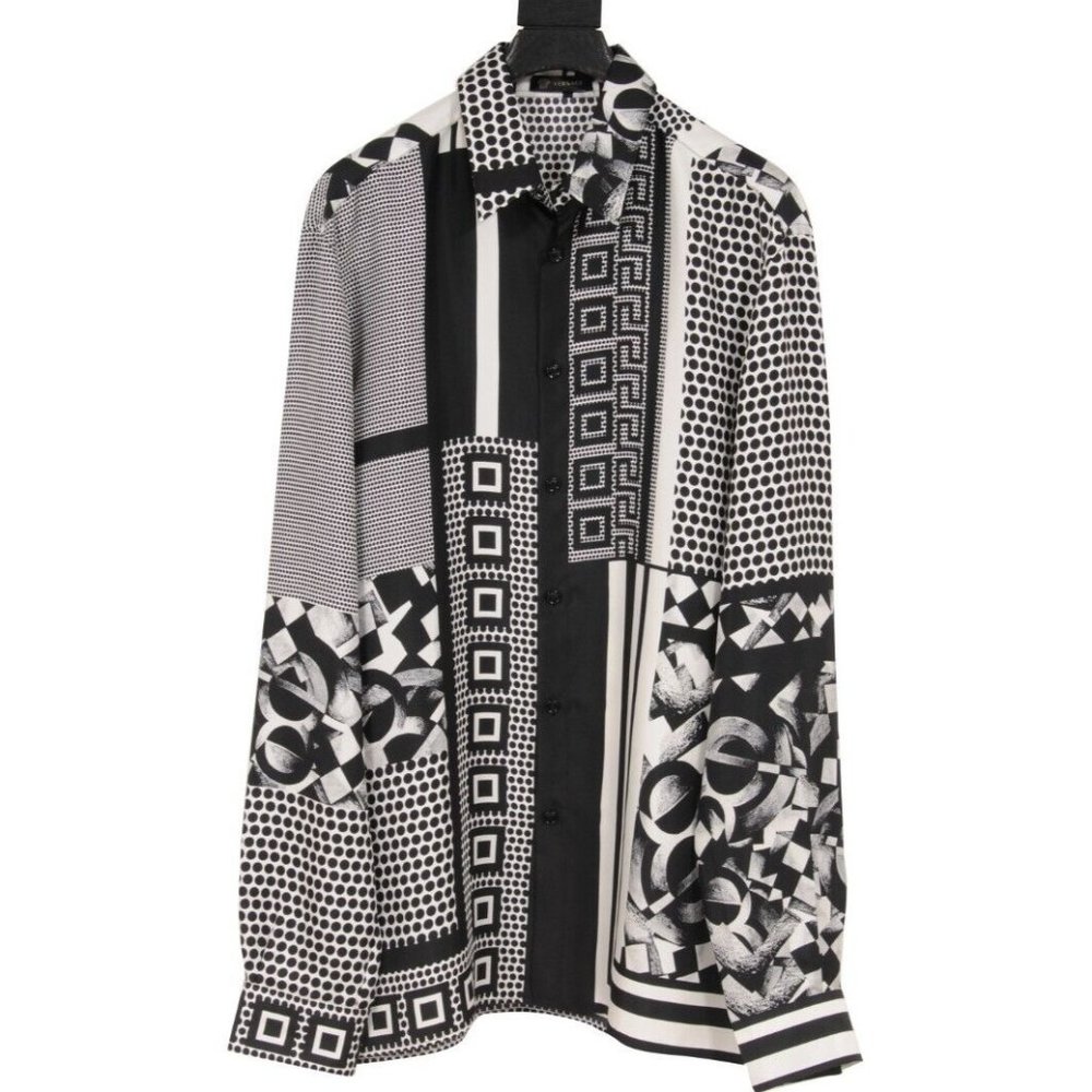 Verscae Mens Button Down Size Shirt 40 15 3/4 Black White Silk Medusa Print